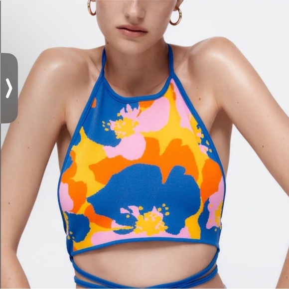 Zara Blue Floral Knit Halter Top - Picture 1 of 9